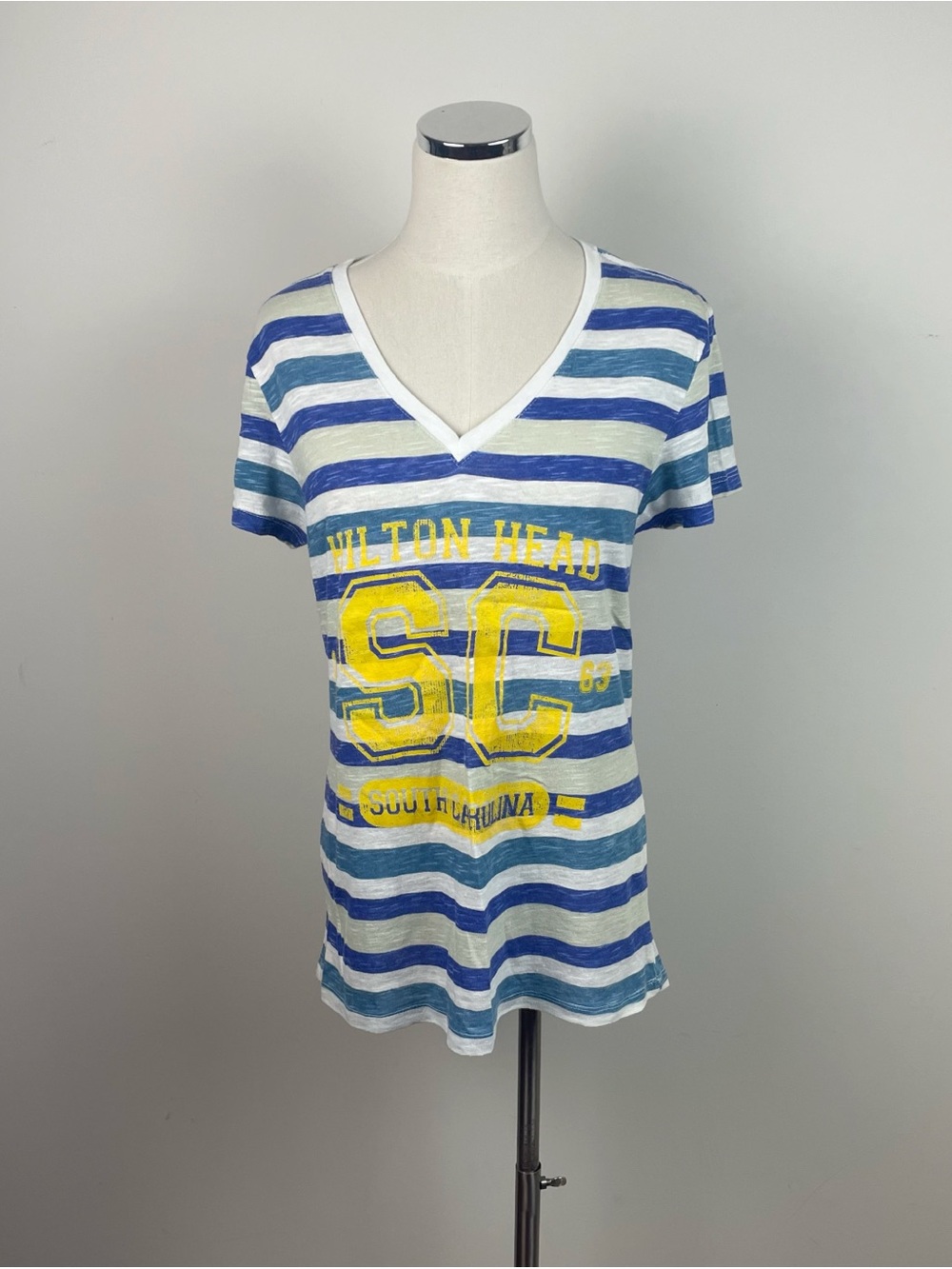 Songbird Blue Yellow White Stripe Hilton Head Island Tee Shirt Women Large